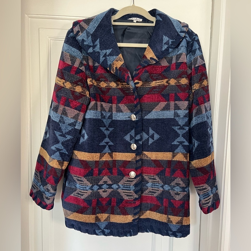 Vintage Southwest Aztec Woven Jacket Western Boho Ethnic Tribal Print M